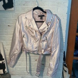 Pink Metallic Cropped Moto Jacket